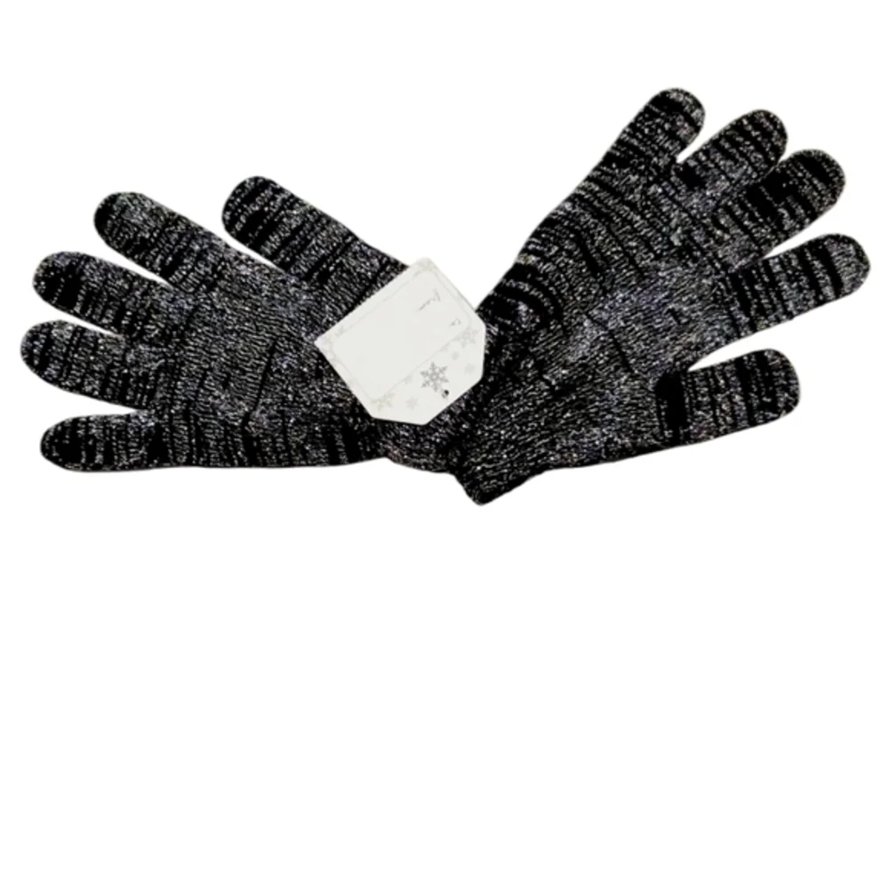 Reflective Womens Mens Knitted Cuffed Metallic Warm Beanie Hat and Winter Gloves